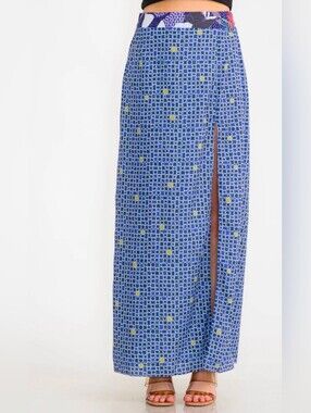 Blue Geometric Print Maxi Skirt with Side Slit Made in Cambodia